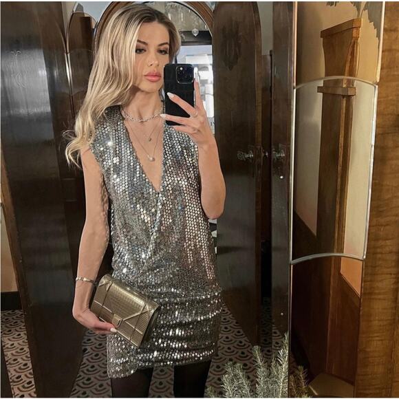 ZARA BLOGGER FAVORITE DRAPED SEQUIN DRESS SILVER - Picture 1 of 16
